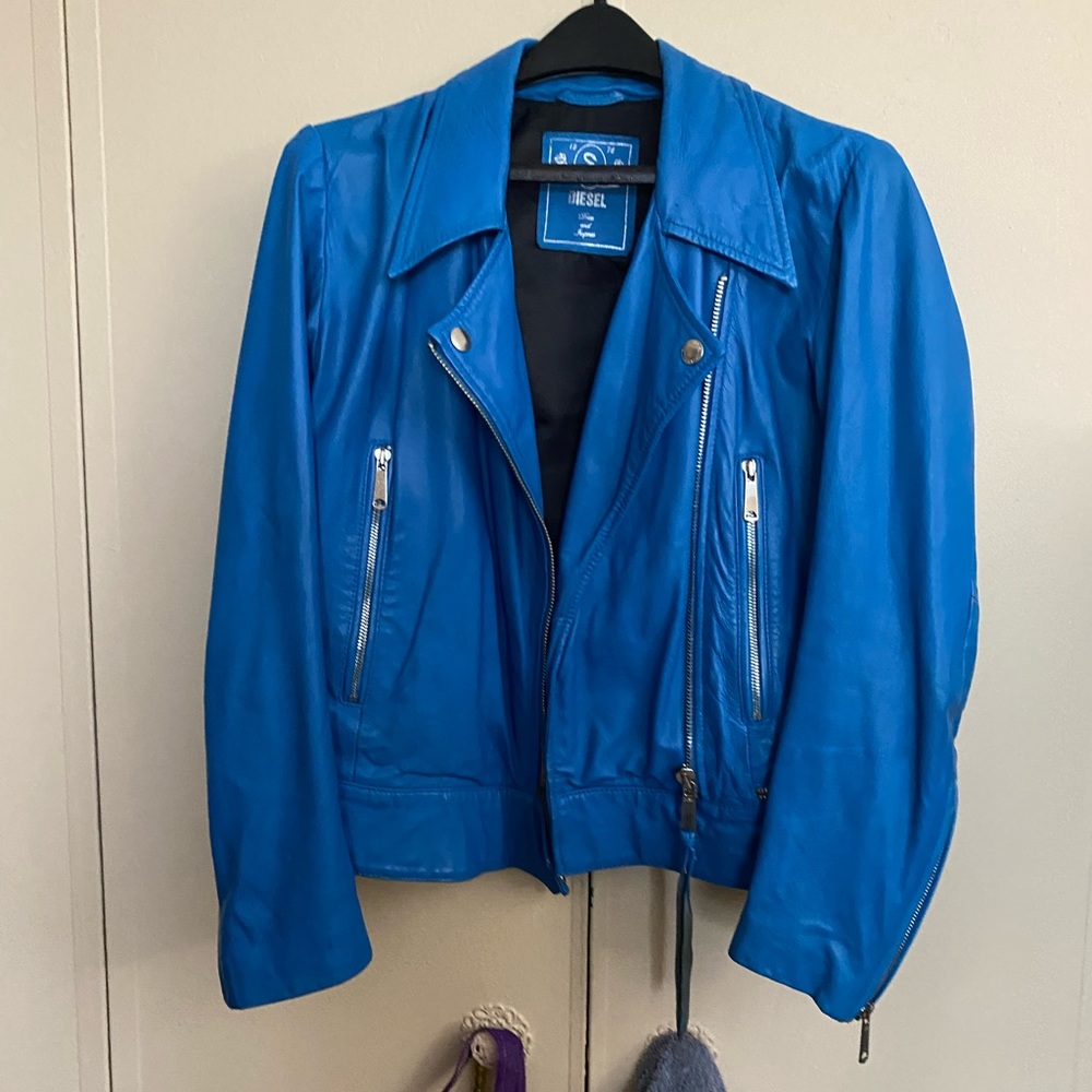 Vintage Diesel Turquoise Blue Lambskin Leather Biker Jacket